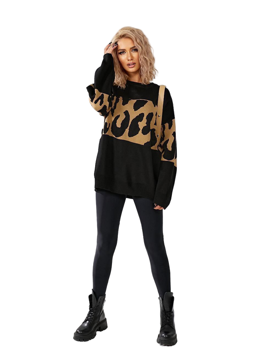 Oversized Longline Knit Sweater Black Tan Leopard Print Pullover