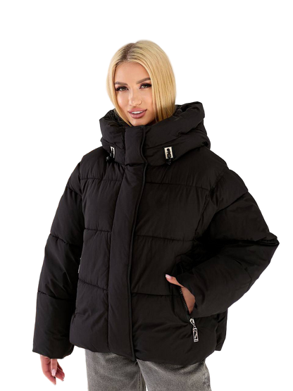 Women Black Winter Puffer Jacket with Deep Hood Oversize Insulated Polyester