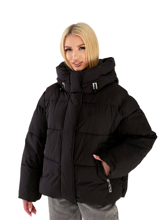 Women Black Winter Puffer Jacket with Deep Hood Oversize Insulated Polyester