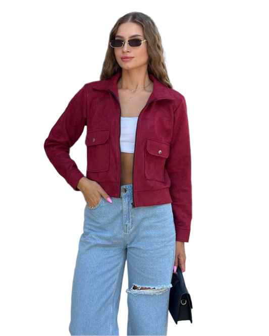 Stylish Burgundy Suede Bomber Jacket with Zipper and Pockets