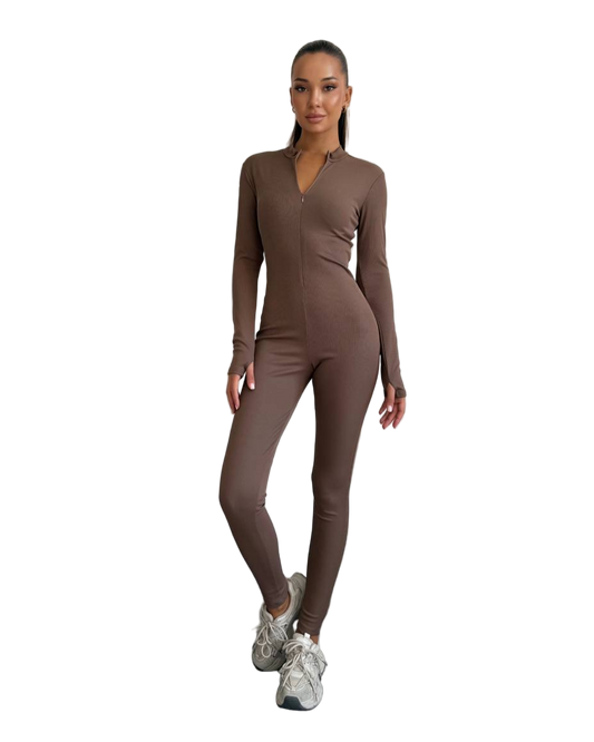 Brown Rib Stretch Jumpsuit Long Sleeve Zip Front Slim Fit