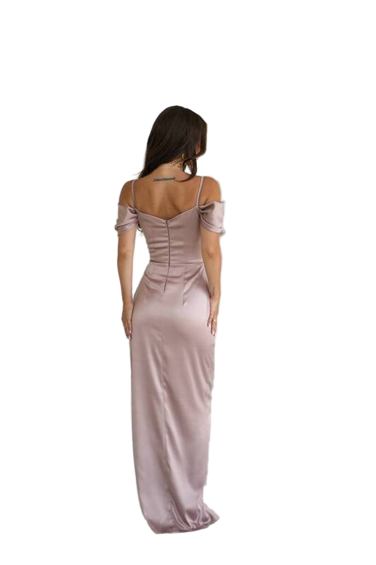 Woman wearing a long, off-shoulder dress on a white background