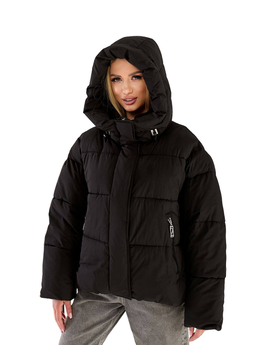 Person wearing a black puffer jacket on a white background