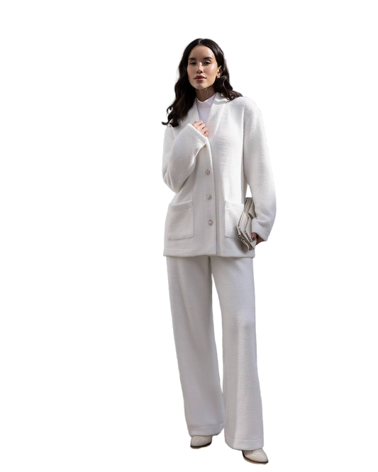 Silva Fluffy Cardigan and Pants Suit Milk Cozy Knit Loungewear for Women