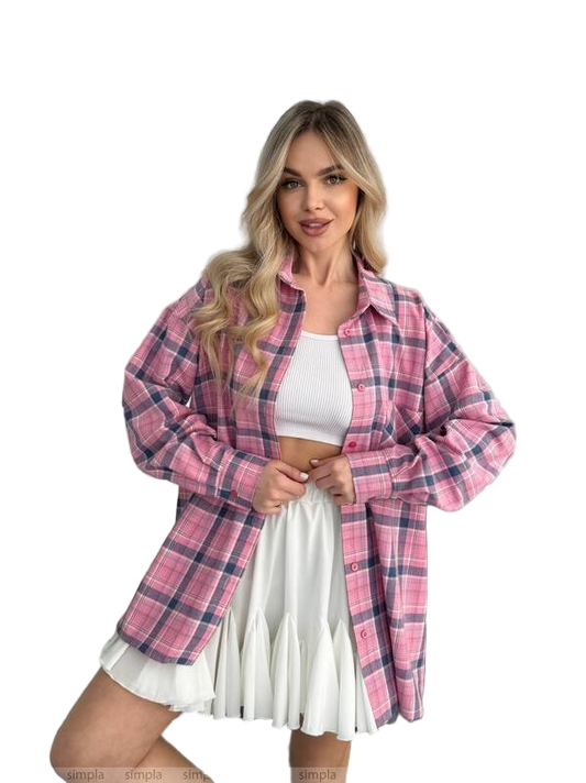 Oversized Pink Plaid Flannel Shirt