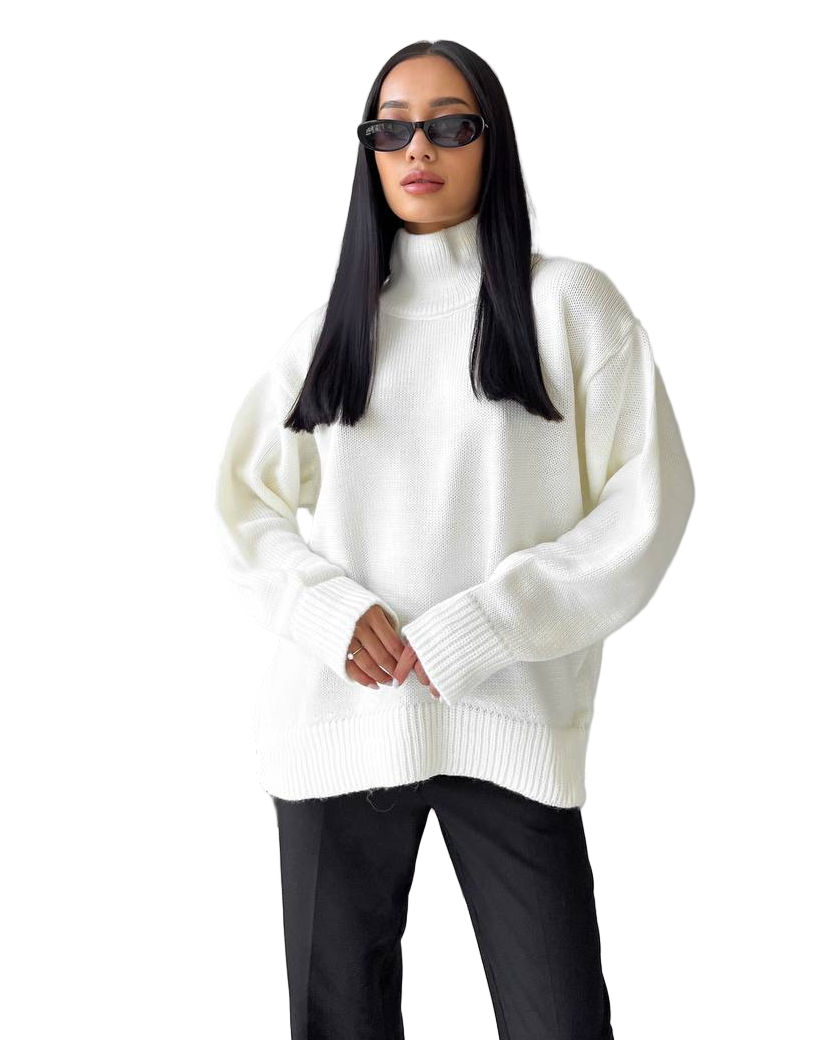 White Oversized Turtleneck Sweater Women Wool Blend Cozy Knit Pullover