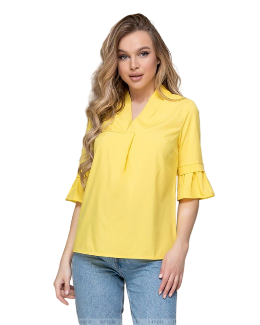 Yellow Women's Soft Turkish Fabric Blouse with V Neck and 3/4 Sleeves