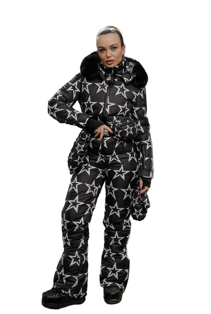 Womens Black Star Print Winter Overall Water Repellent Insulated Ski Suit
