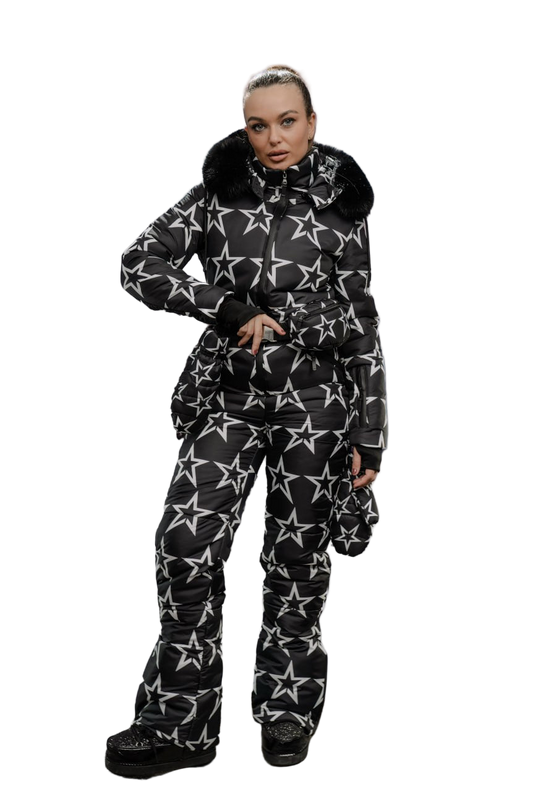 Womens Black Star Print Winter Overall Water Repellent Insulated Ski Suit