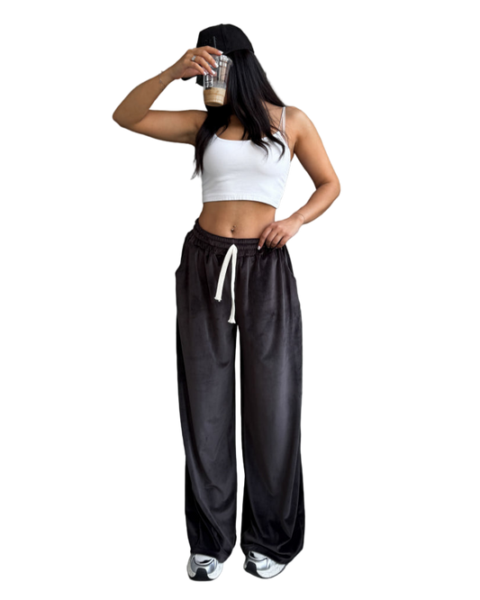 Velour High Waist Wide Leg Trousers Black