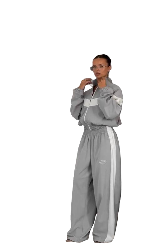 Oversized Two-Piece Tracksuit Set Light Gray with White Stripes