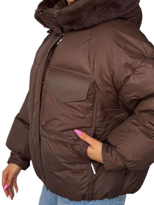 Brown puffer jacket with fur hood on a white background