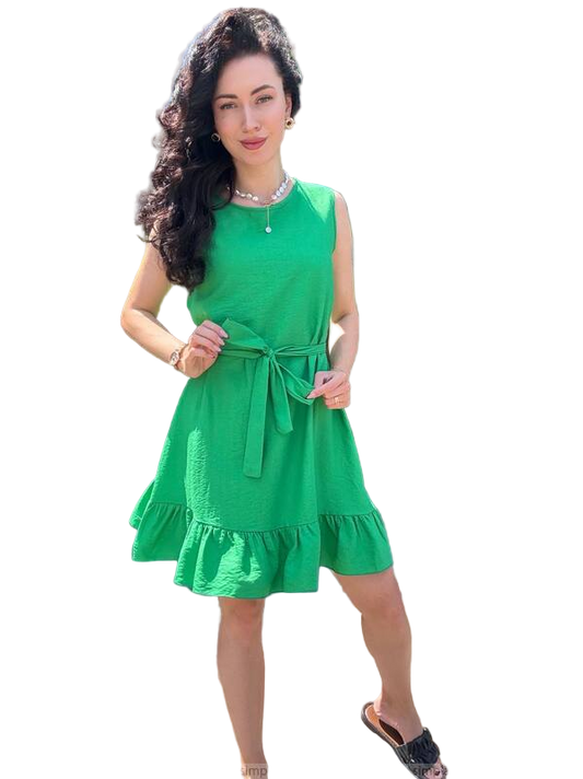Green Linen Textured Summer Dress with Belt