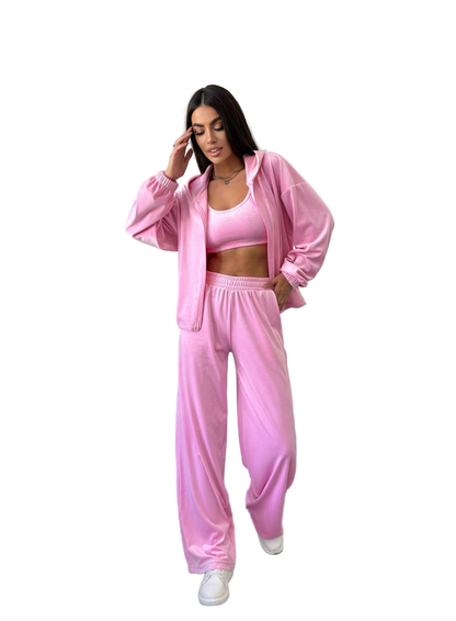 Pink Soft Velour Three-Piece Suit with Zip Jacket and Palazzo Pants