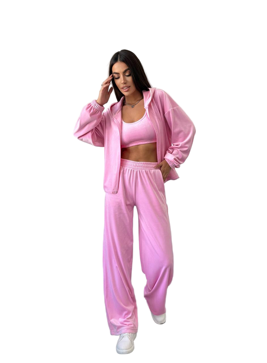 Pink Soft Velour Three-Piece Suit with Zip Jacket and Palazzo Pants