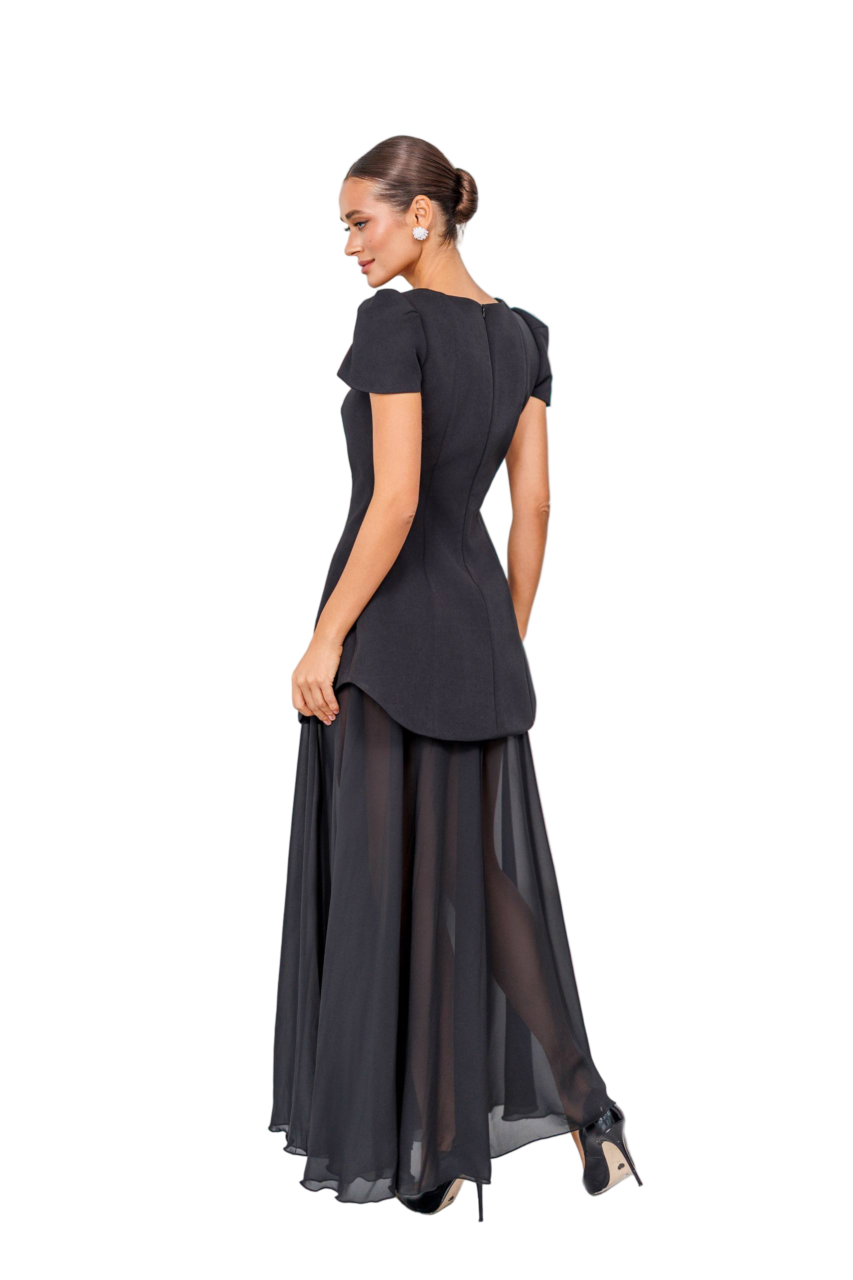 Black Peplum Evening Dress with Chiffon Skirt Diagonal Crepe Peplum Gown