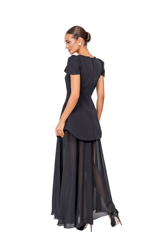 Black Peplum Evening Dress with Chiffon Skirt Diagonal Crepe Peplum Gown