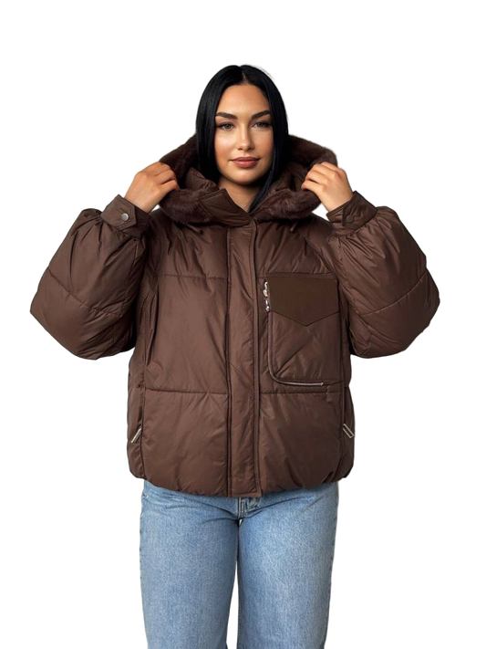 Womens Winter Puffer Jacket Natural Fur Hood Brown Insulated Polyester Coat