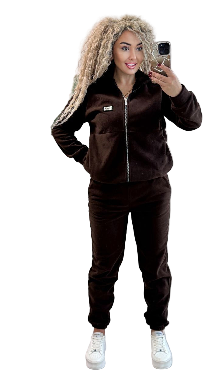 Brown Polar Fleece Tracksuit Women Zip Hoodie and Joggers Warm Athleisure Set