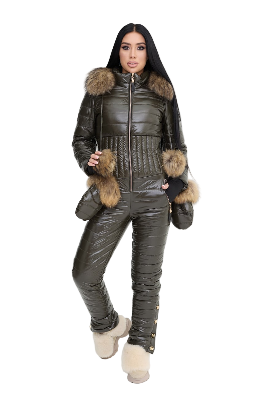 Womens Olive Shiny Quilted Winter Overall Ski Jumpsuit with Raccoon Fur Hood and Faux Fur Mittens