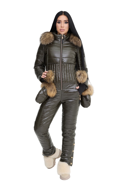 Womens Olive Shiny Quilted Winter Overall Ski Jumpsuit with Raccoon Fur Hood and Faux Fur Mittens