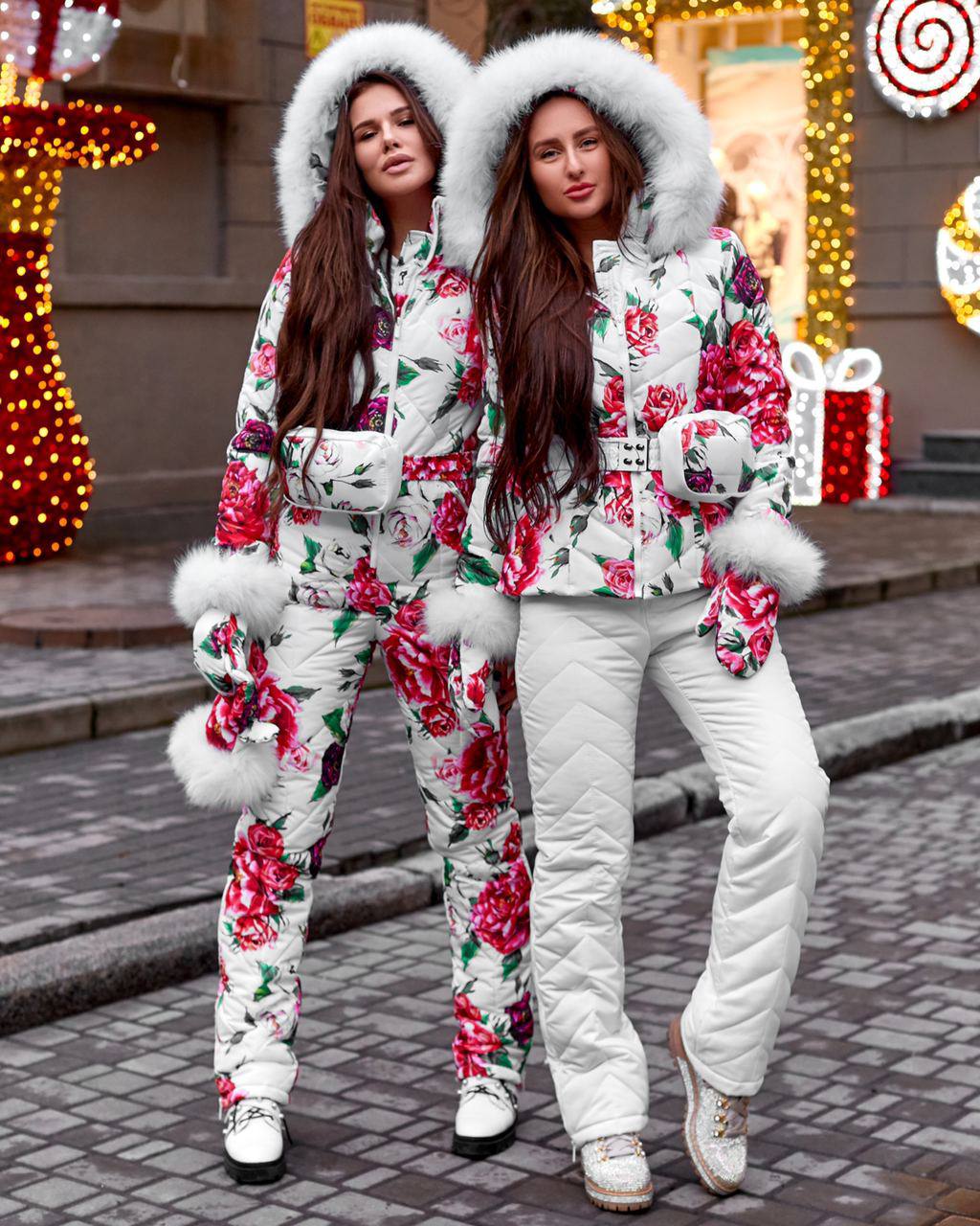 Women and Kids Floral Ski Jumpsuit Winter Snow Suit with Mittens and Bag
