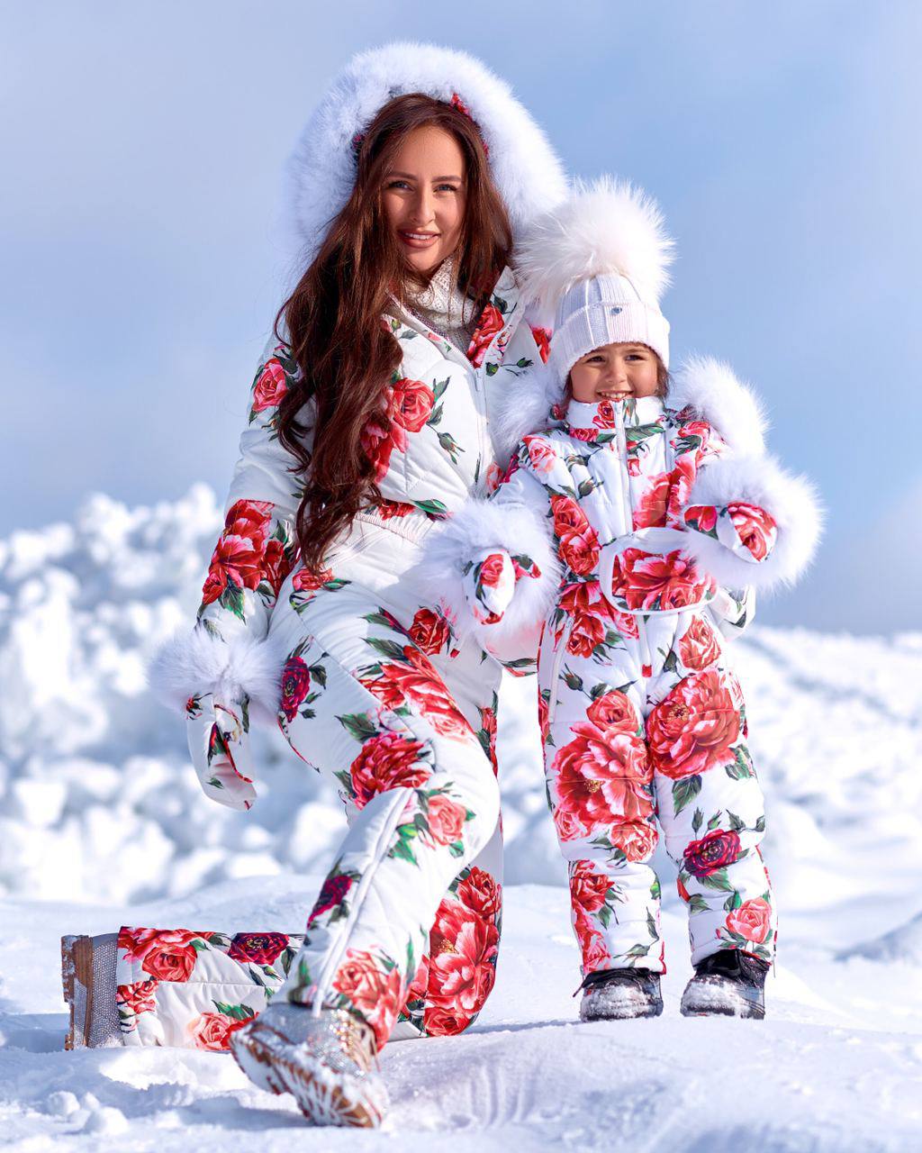 Women and Kids Floral Ski Jumpsuit Winter Snow Suit with Mittens and Bag