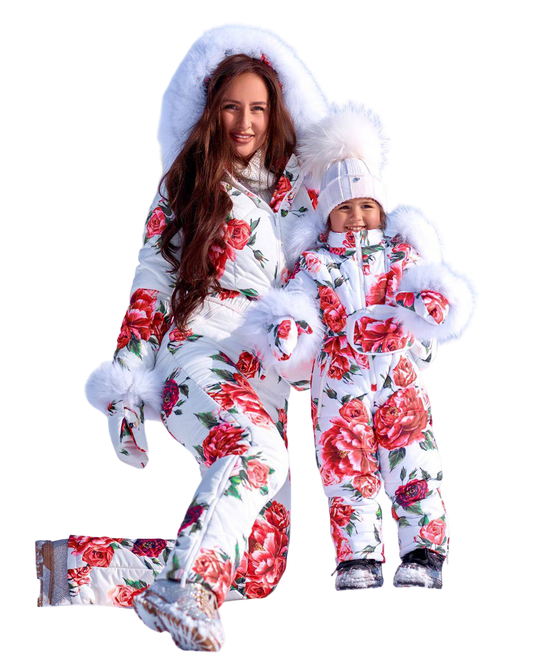 Women and Kids Floral Ski Jumpsuit Winter Snow Suit with Mittens and Bag