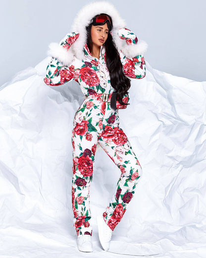 Women and Kids Floral Ski Jumpsuit Winter Snow Suit with Mittens and Bag