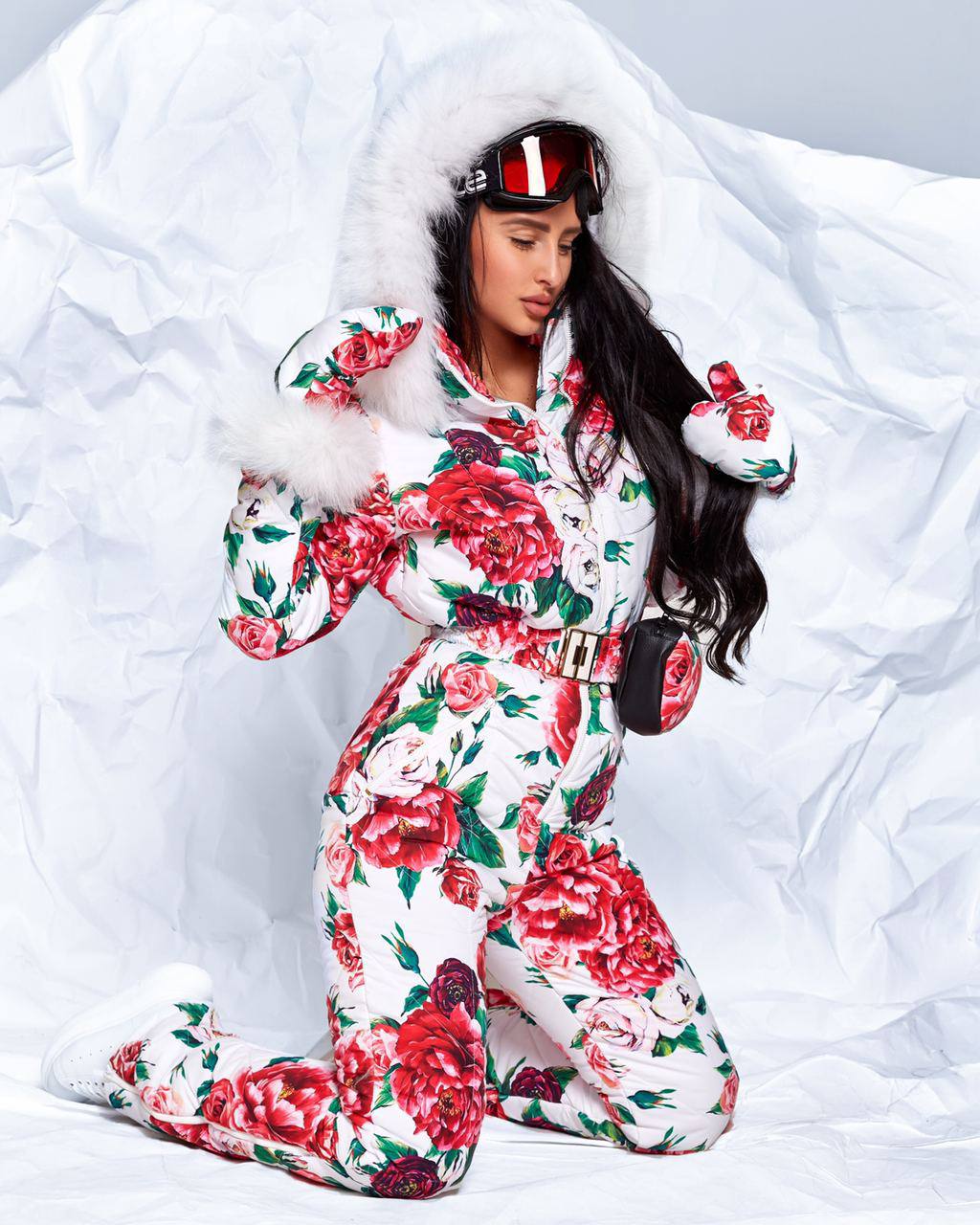 Women and Kids Floral Ski Jumpsuit Winter Snow Suit with Mittens and Bag