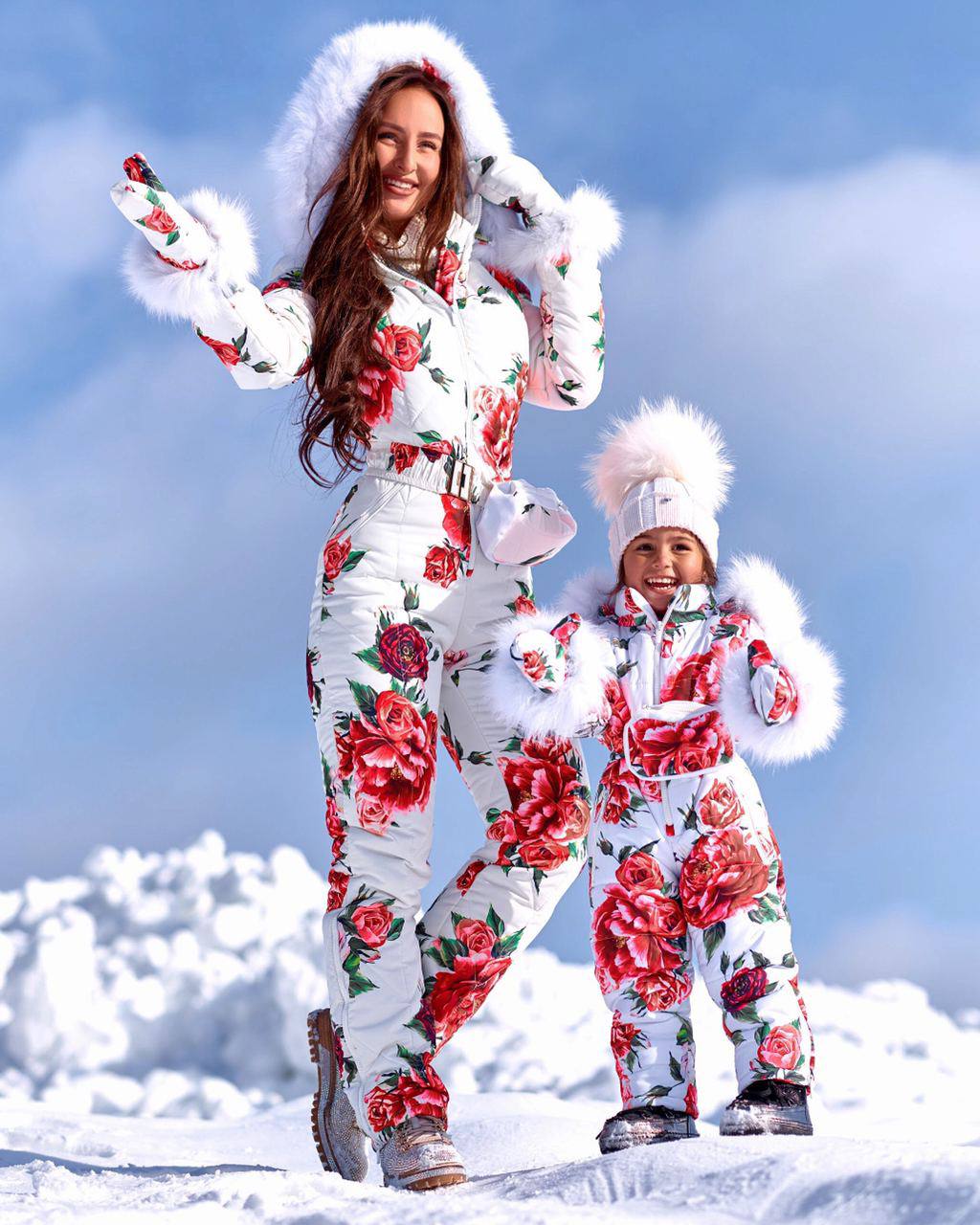 Women and Kids Floral Ski Jumpsuit Winter Snow Suit with Mittens and Bag