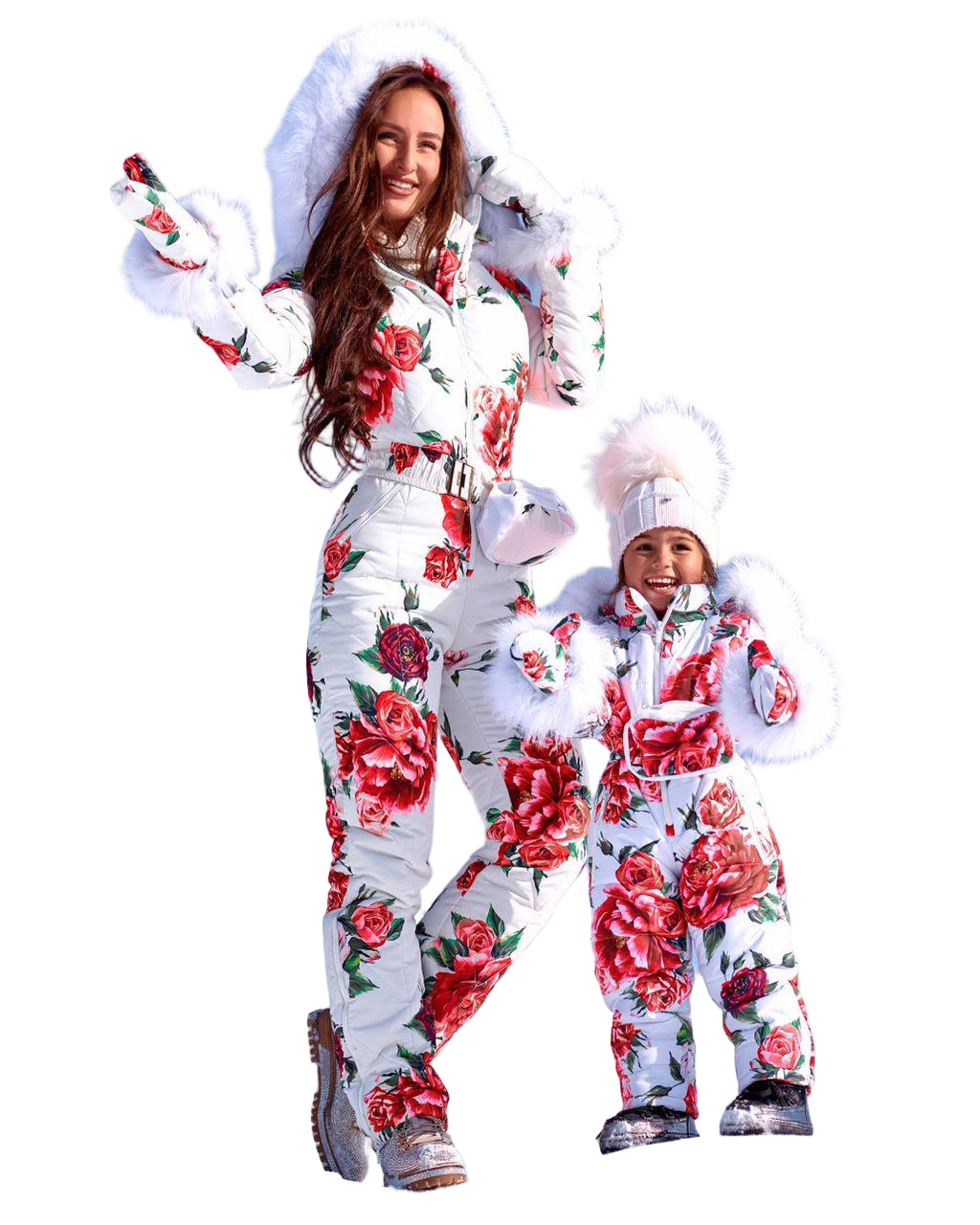 Women and Kids Floral Ski Jumpsuit Winter Snow Suit with Mittens and Bag