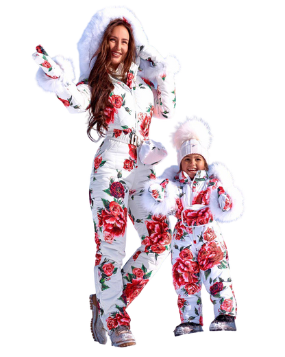 Women and Kids Floral Ski Jumpsuit Winter Snow Suit with Mittens and Bag