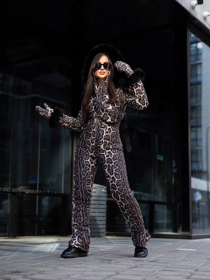 Leopard Print Women And Kids Ski Jumpsuit with Belt Mittens and Bag Winter Insulated Snow Suit
