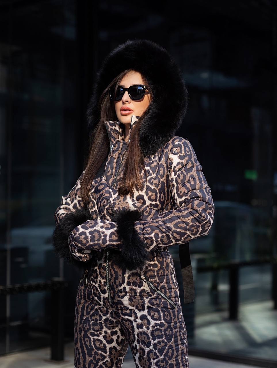 Leopard Print Women And Kids Ski Jumpsuit with Belt Mittens and Bag Winter Insulated Snow Suit