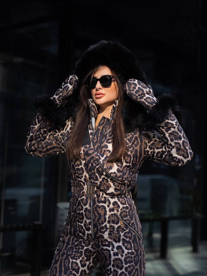 Leopard Print Women And Kids Ski Jumpsuit with Belt Mittens and Bag Winter Insulated Snow Suit