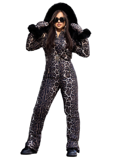 Leopard Print Women And Kids Ski Jumpsuit with Belt Mittens and Bag Winter Insulated Snow Suit