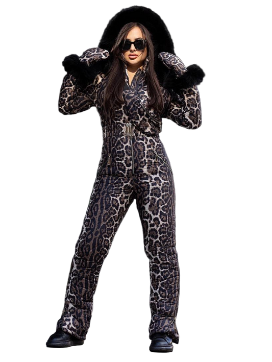 Leopard Print Women And Kids Ski Jumpsuit with Belt Mittens and Bag Winter Insulated Snow Suit