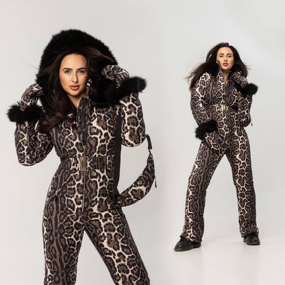 Leopard Print Women And Kids Ski Jumpsuit with Belt Mittens and Bag Winter Insulated Snow Suit