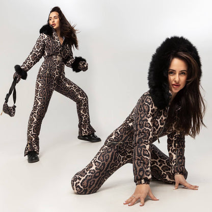 Leopard Print Women And Kids Ski Jumpsuit with Belt Mittens and Bag Winter Insulated Snow Suit