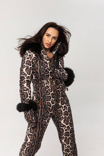 Leopard Print Women And Kids Ski Jumpsuit with Belt Mittens and Bag Winter Insulated Snow Suit