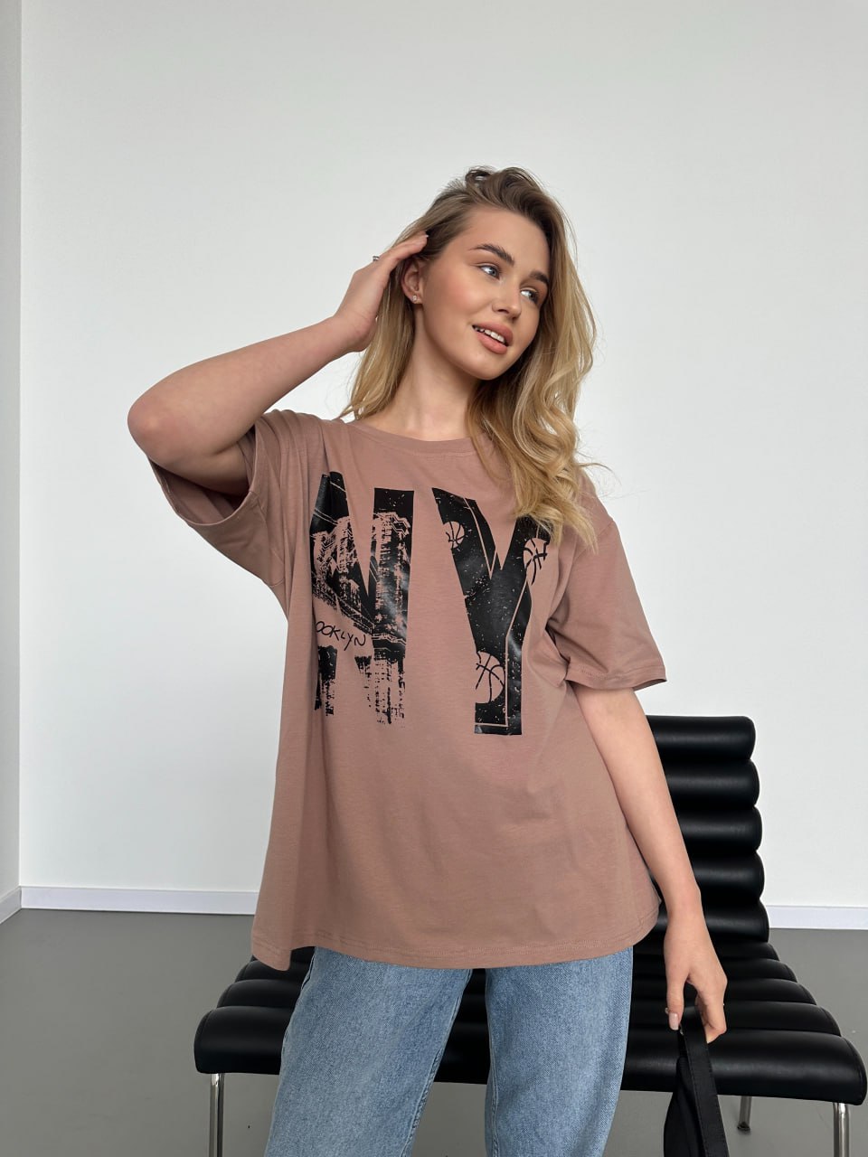 Casual Brown NY Print T-Shirt for Women