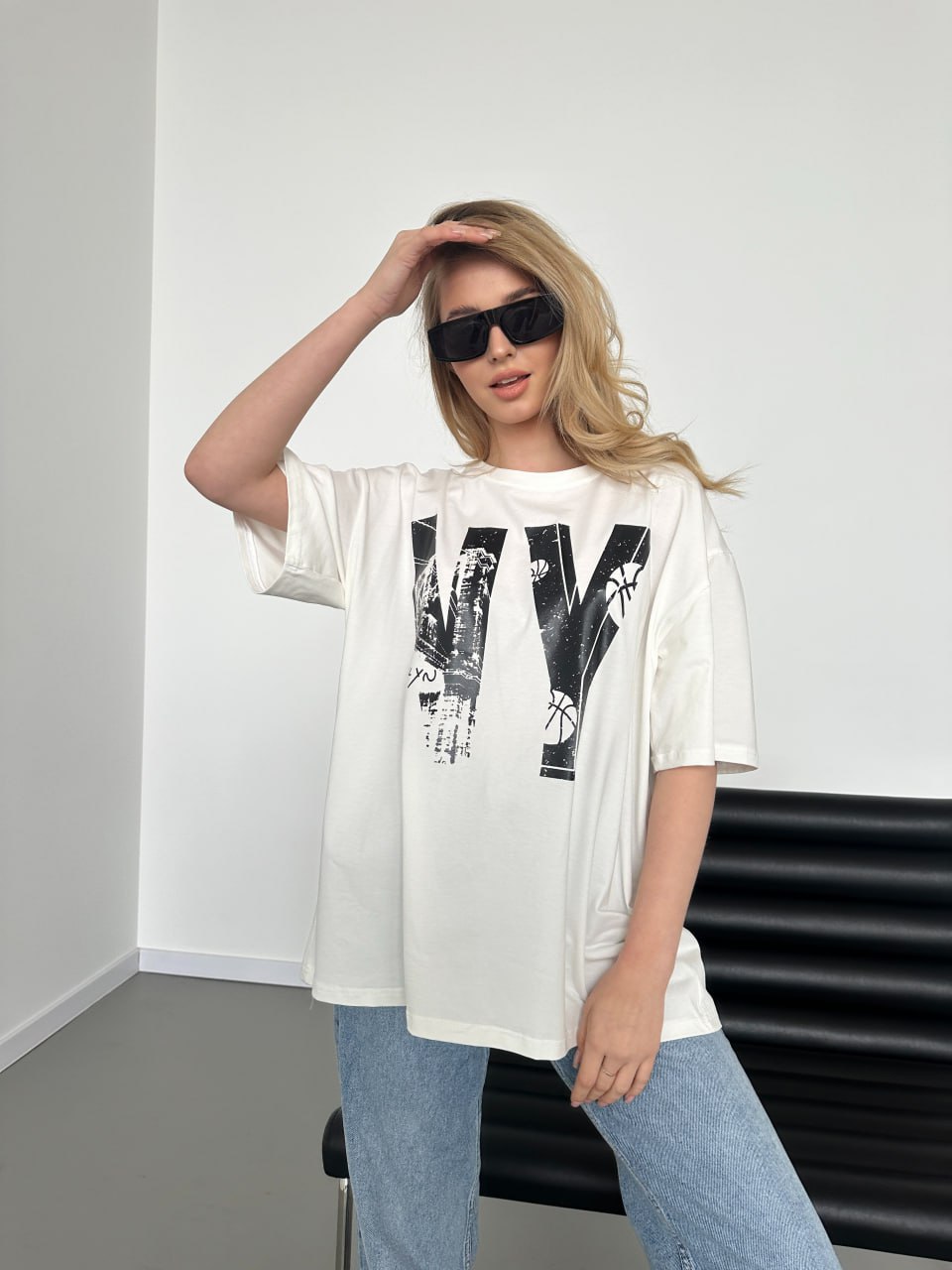 White Oversized T-Shirt with Black NY Print