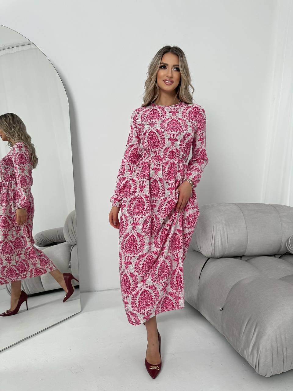 Elegant Pink White Patterned Long Sleeve Midi Dress