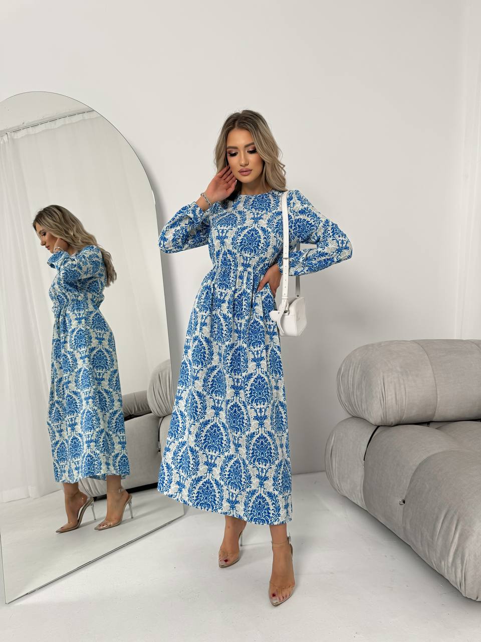 Blue and White Long Sleeve Maxi Dress in Silk Soft Fabric