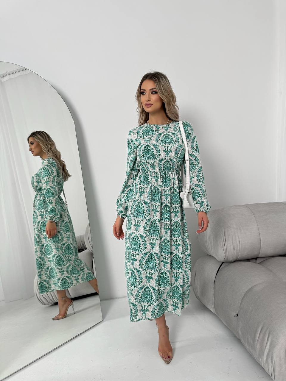 Elegant Long Sleeve Green Patterned Silk Soft Midi Dress