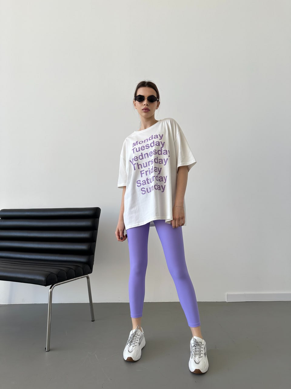 Womens Casual Set Purple Leggings and White Graphic TShirt