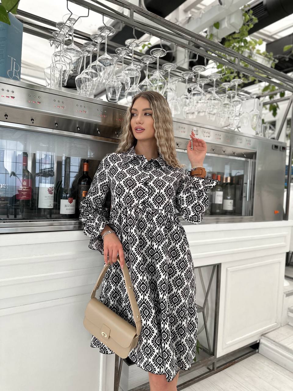 Black White Printed Silk Soft Dress with Long Sleeves