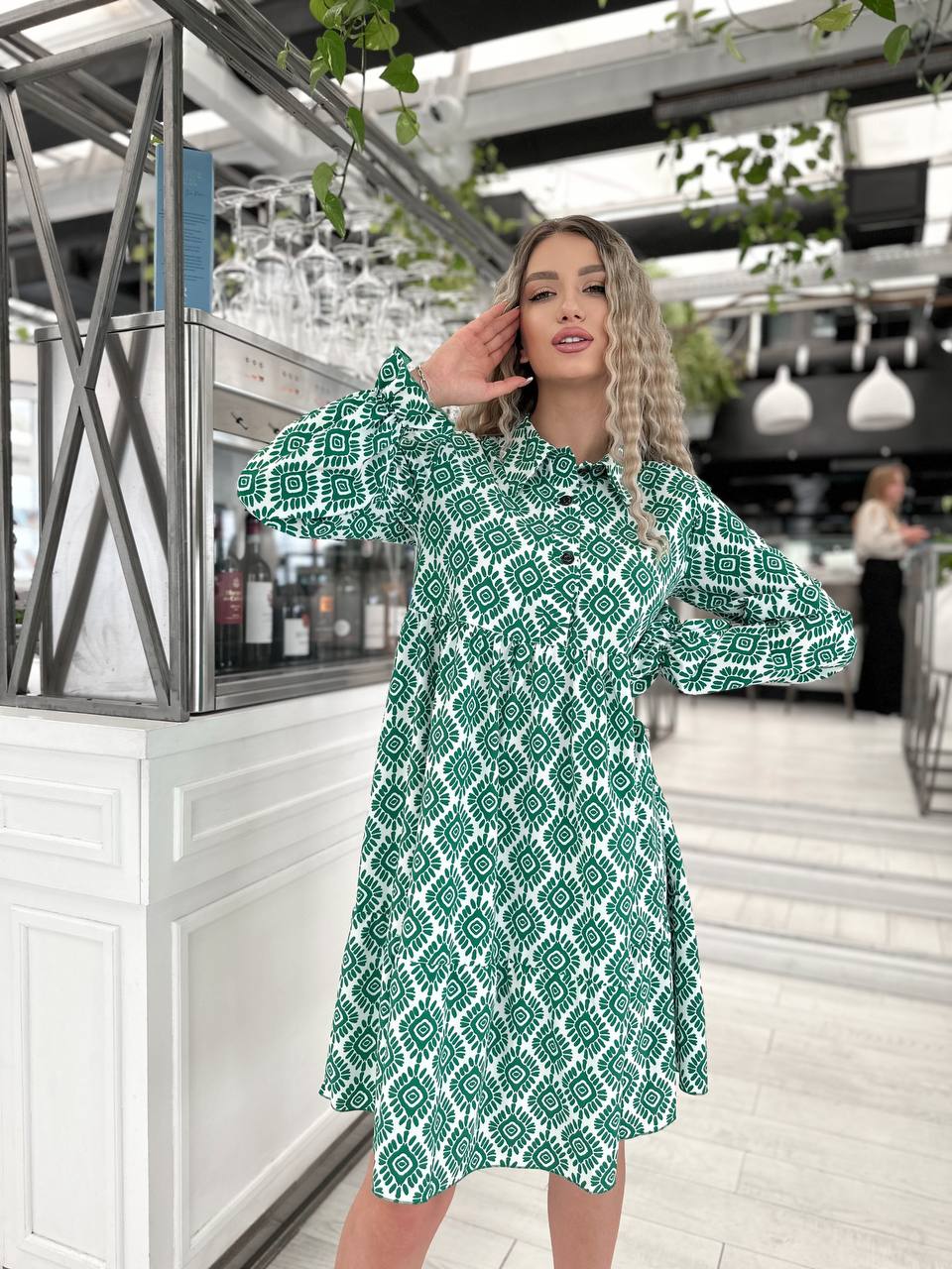 Green Printed Long Sleeve Soft Silk Dress