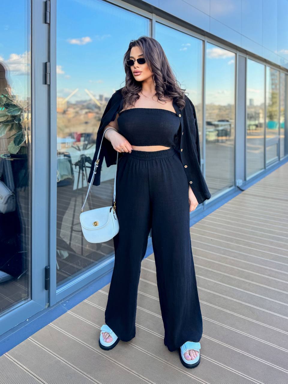 Womens Black Three-Piece Linen Suit Set